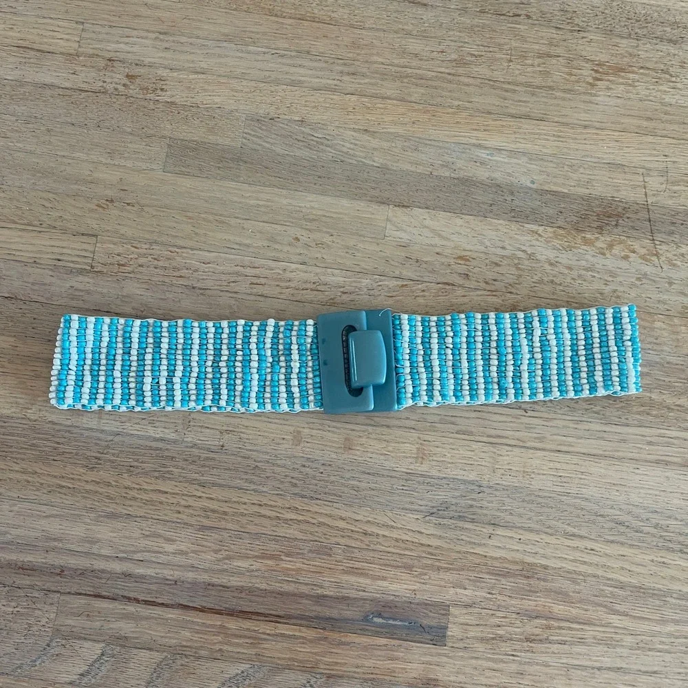 Vintage 80s Turquoise White Beaded Stretch Belt Wide Striped Cinch Buckle 26in